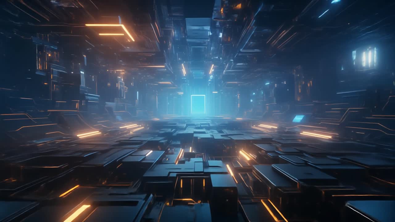 Volando attraverso un tunnel futuristico di tecnologia digitale