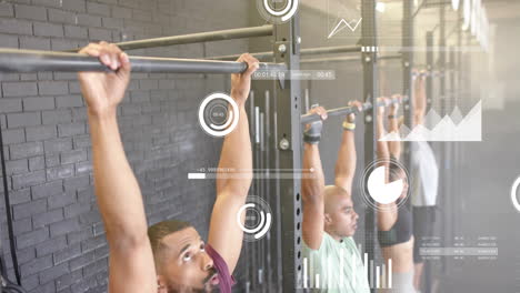 animation of data processing and diagrams over diverse people pulling up at gym