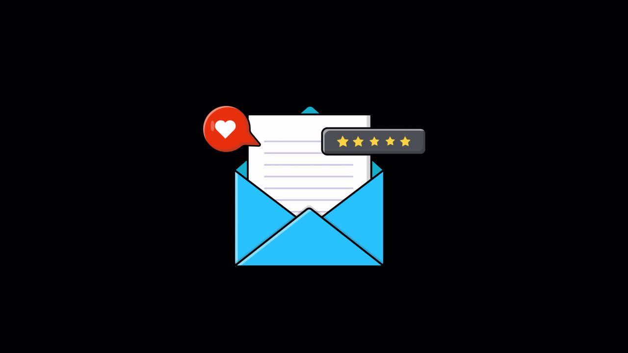 Busta email animata con icone di valutazione a forma di cuore e stelle