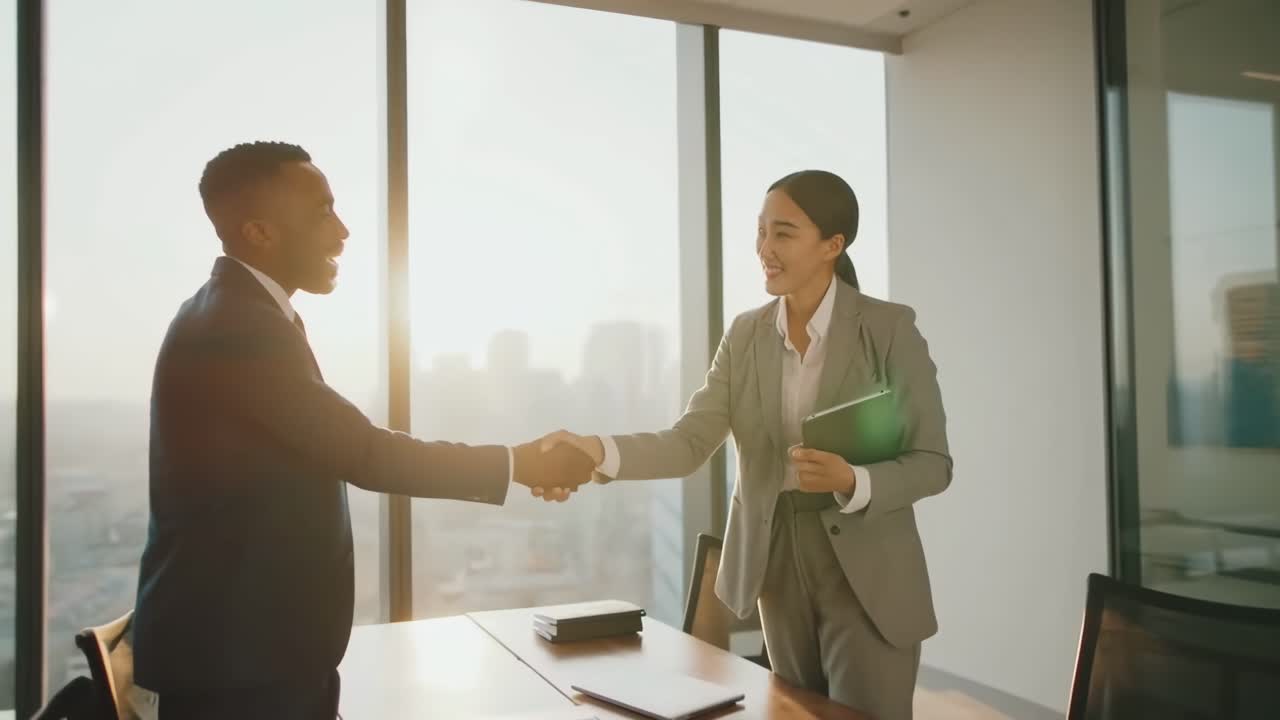 Stretta di mano professionale in un ufficio moderno, acquisita da un angolo laterale