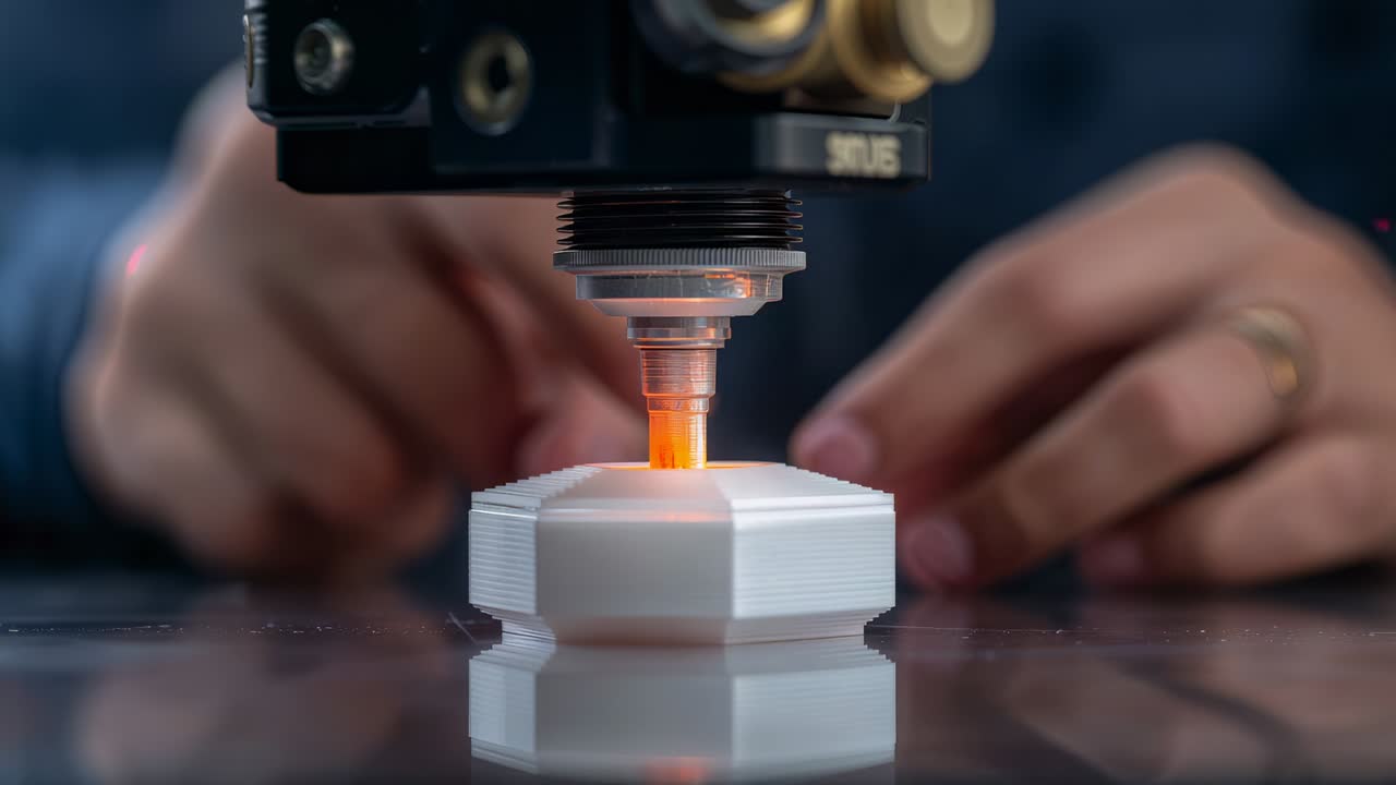 Heating head emitting orange glow, hands steadying hexagonal part on plate at workbench for curing
