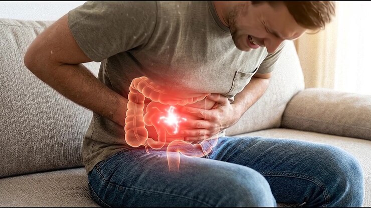 Man Suffering From Severe Abdominal Pain With Digestive System Overlay