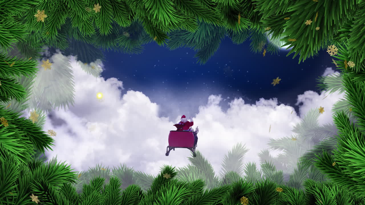 Animazione di decorazioni natalizie e Babbo Natale su slitta con renne sul cielo
