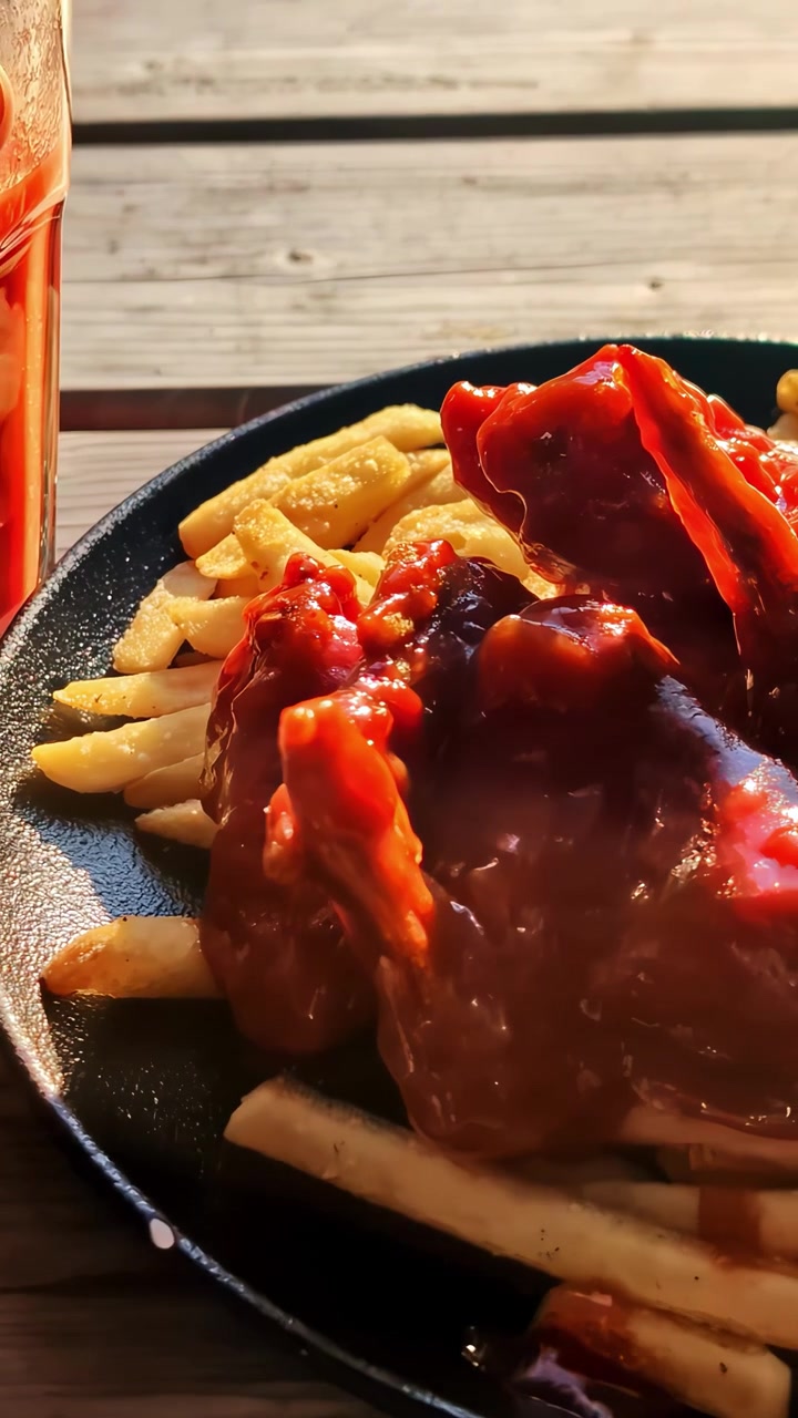 Primo piano di alette di pollo in salsa e patatine fritte servite su un tavolo da picnic in legno all'aperto