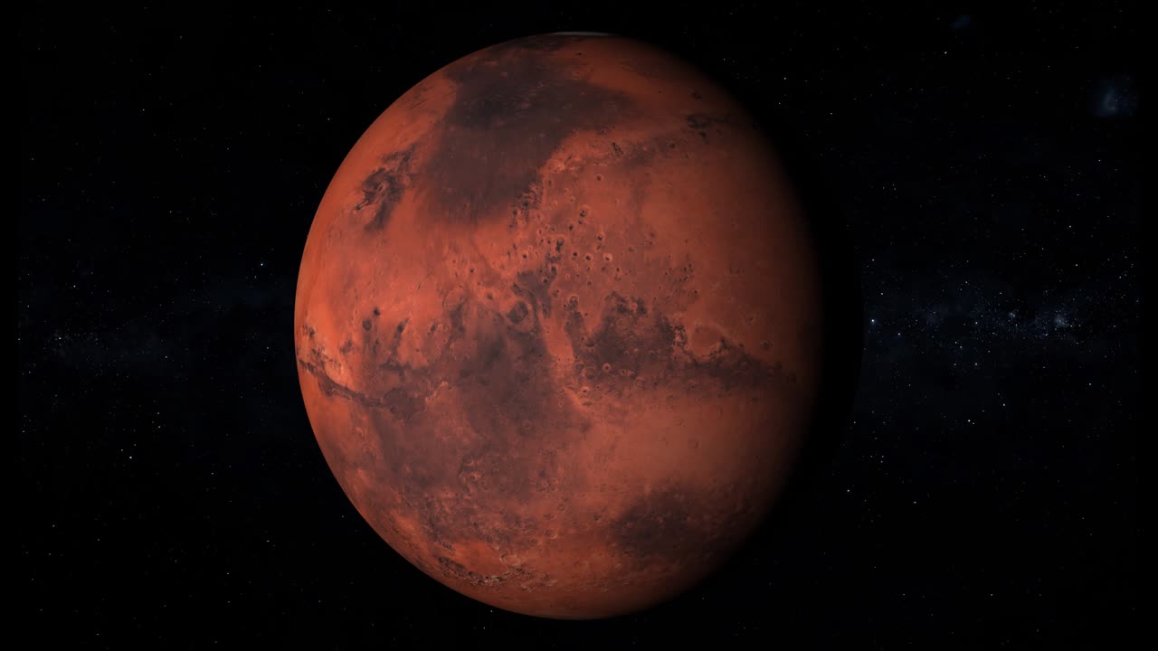 Realistic Mars planet spinning and zooming in space, among the stars, loop 4k