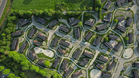 Top-View-Of-Holiday-Park-Accommodations-With-Eco-Lodges-In-Roompot-Beach-Resort-Brouwersdam-In-Scharendijke,-The-Netherlands