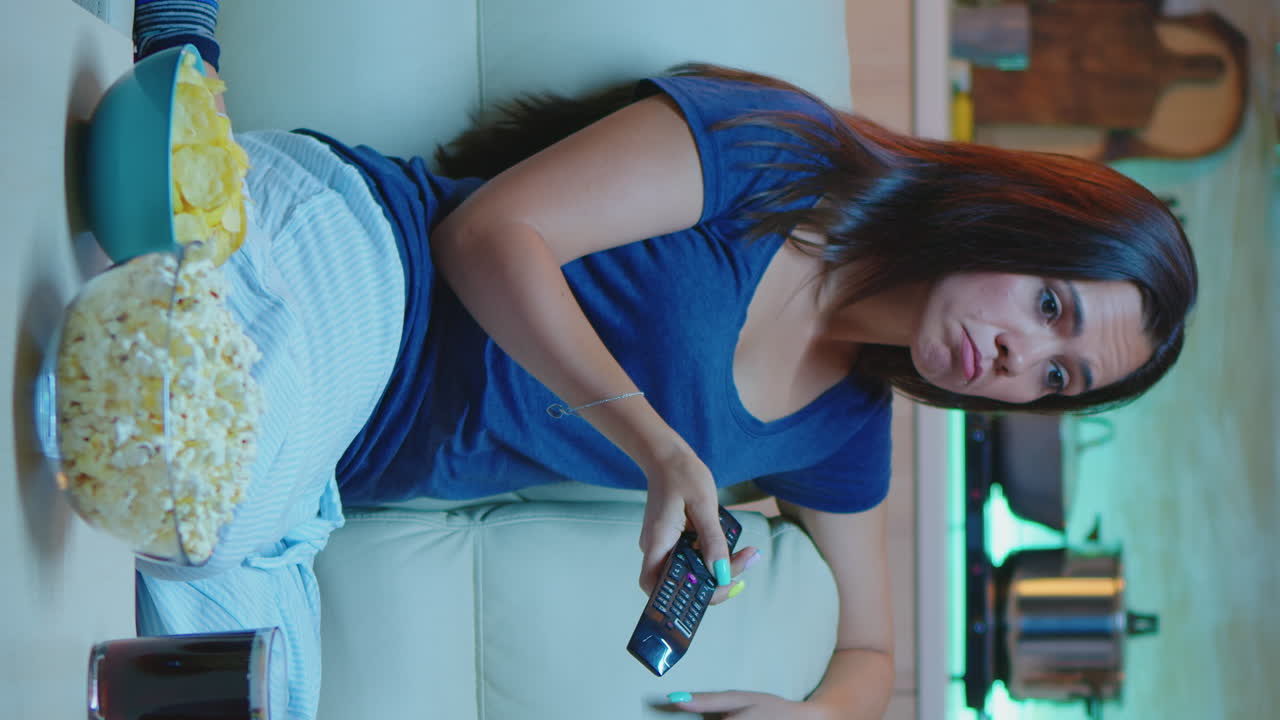 Vertical Video: Bored Woman Resting Watching Tv
