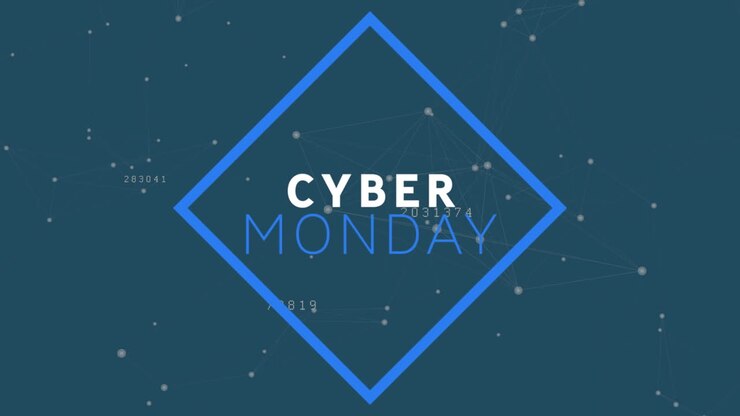 Animazione del testo "Cyber Monday Sale" su reti di connessioni.