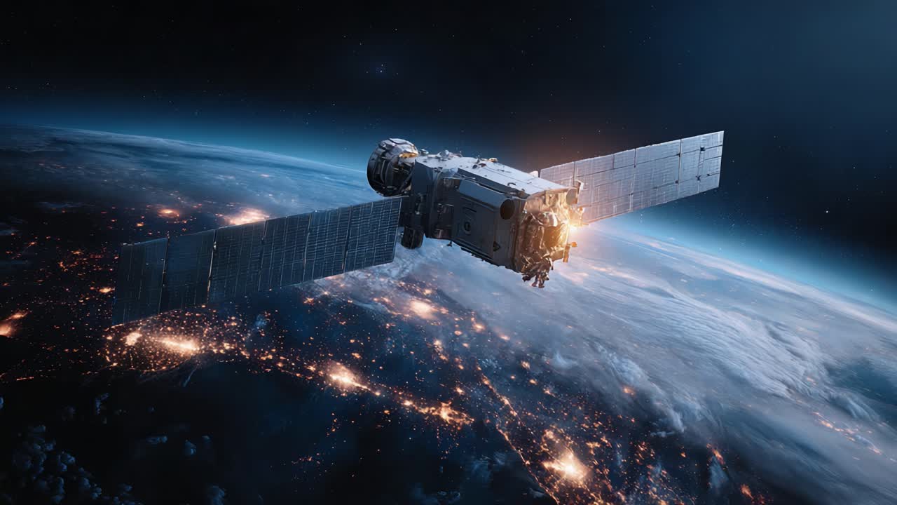 A breathtaking view of a satellite orbiting Earth, displaying immense technological precision and the stunning contrast of city lights against the planet's natural beauty