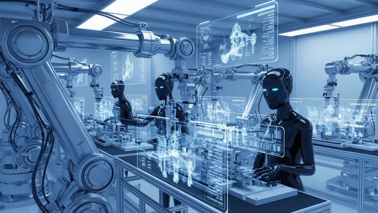 A Futuristic Manufacturing Facility Showcasing Advanced Robotics and Automation Technology in a High-Tech Environment