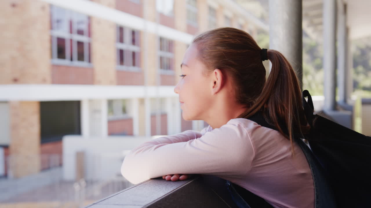 Smiling girl with backpack leaning on railing at school, enjoying break time