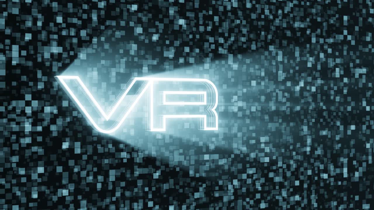 Animation af VR, virtuel virkelighed, tekst med firkantet pixel-lignende animationsbaggrund, og kameraet bevæger sig fra venstre mod midten