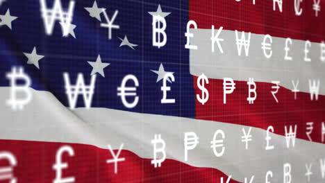 animation of currency symbols floating over american flag, symbolizing global finance