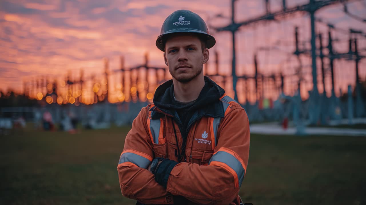 En professionel arbejder i sikkerhedsudstyr står selvsikkert mod en fantastisk solnedgangsbaggrund ved en transformerstation, hvilket symboliserer dedikation og engagement i branchens sikkerhed.