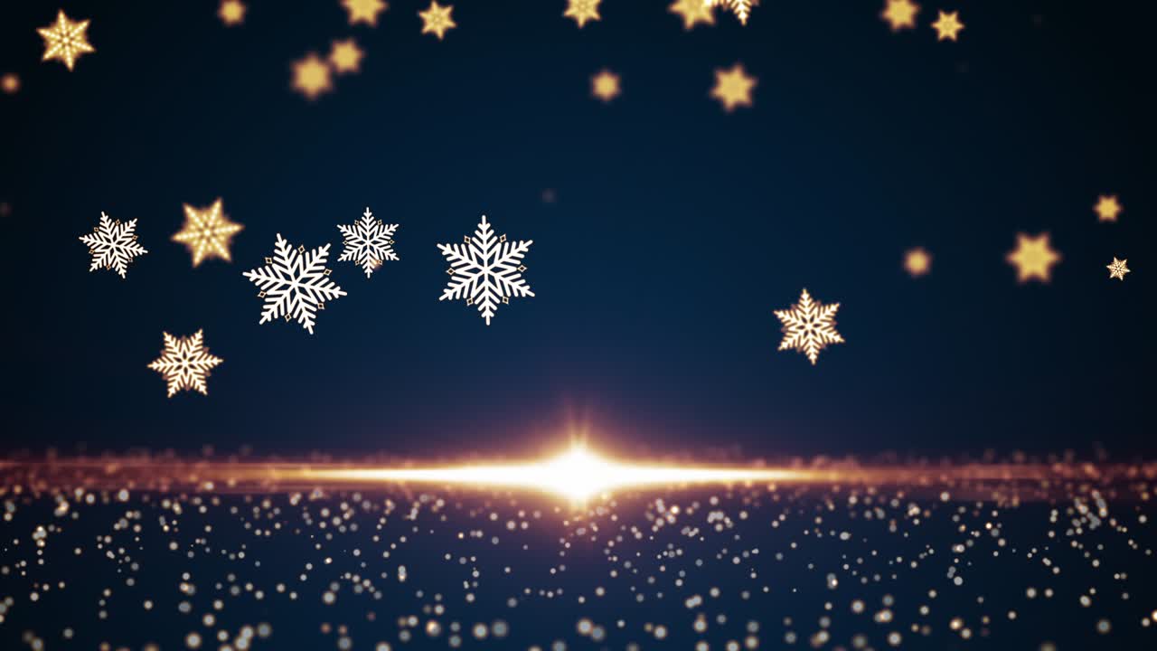 추상적인 색과 황금색의 반이는 눈송이가 황금색 반이는 플레어와 입자로 공중에 흐릅니다. 추상적인 3d 황금 크리스마스 배경은 반이는 꺼기와 함께 4k에서 아름다운 새해 제목입니다.