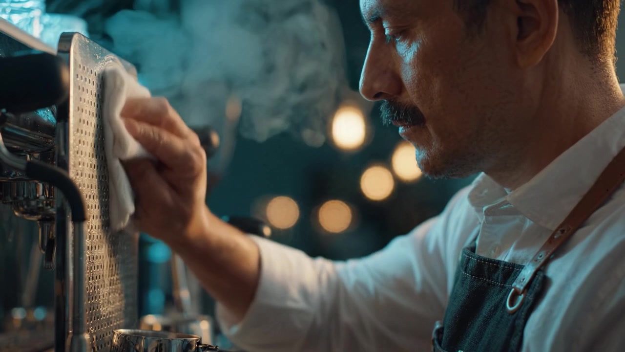 Barista che pulisce la macchina da caffè espresso con attenzione, garantendo una preparazione del caffè di qualità in un'atmosfera accogliente da caffè per un'esperienza di degustazione perfetta