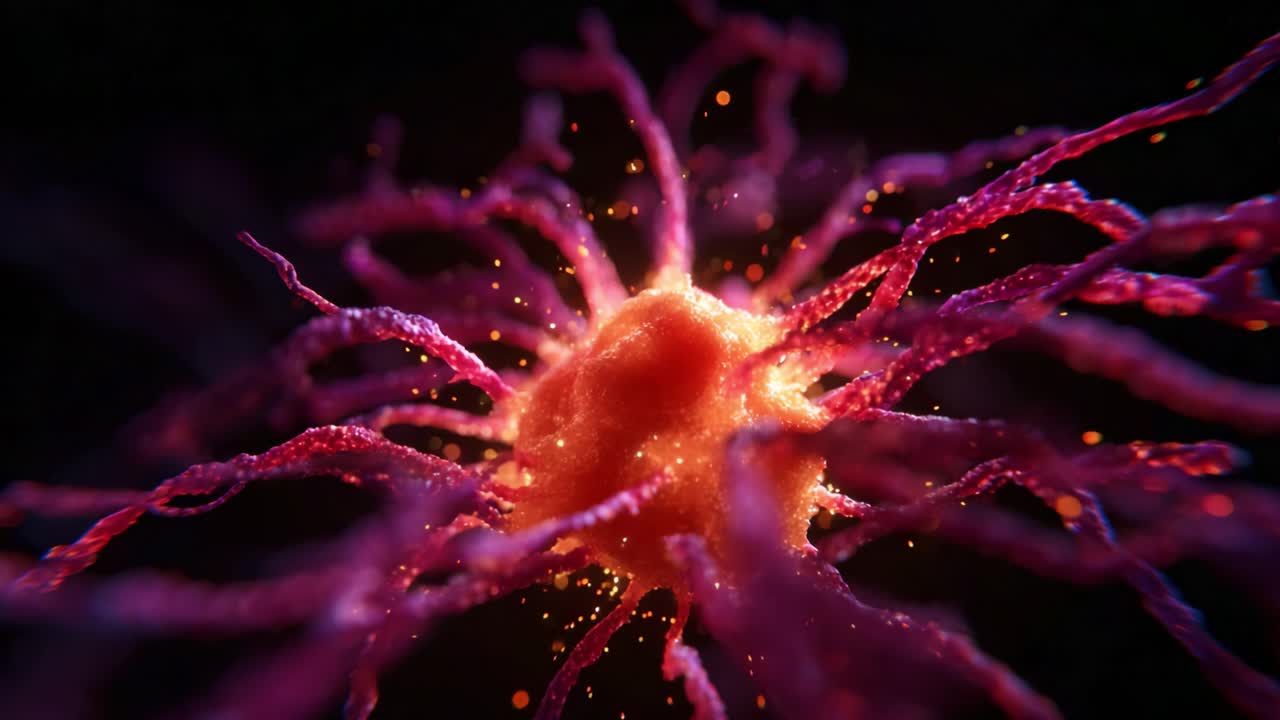 Stunning Close-up of a Vibrant Cellular Structure with Radiating Filaments Surrounded by a Glowing Aura Representing Life at the Micro Level