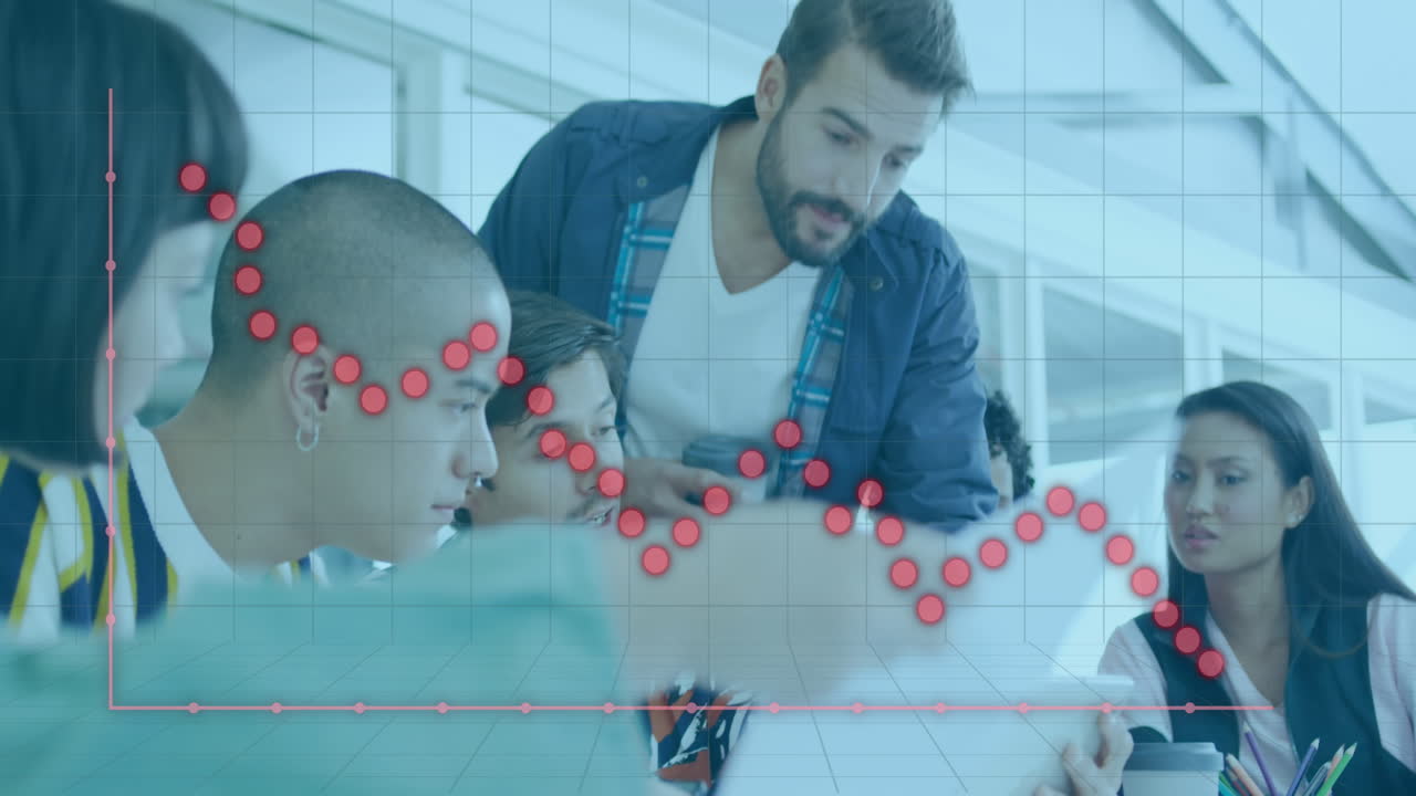 Animation of falling graph and grid pattern over diverse coworkers sharing ideas in office