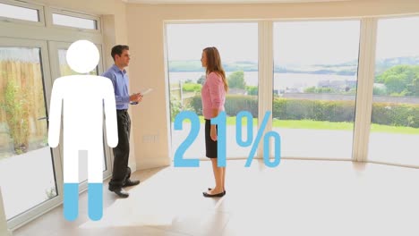 Animation-of-person-icon-filling-blue-with-percentage,-over-male-estate-agent-showing-woman-house