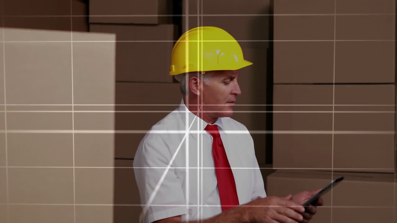 Construction planning animation over worker in hard hat using tablet