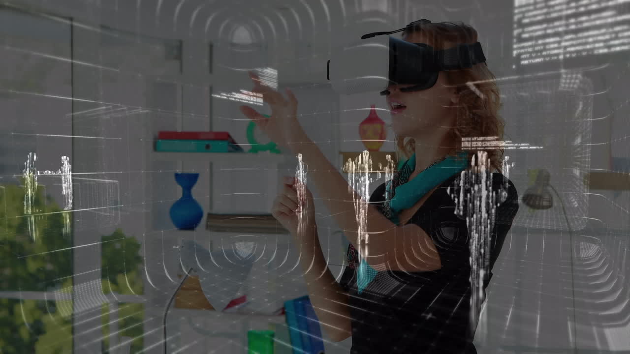 animación del procesamiento de datos financieros sobre una mujer de negocios usando auriculares vr