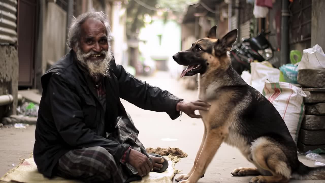 A Heartwarming Moment of Connection Between a Man and His Loyal German Shepherd in a Narrow Alley, Highlighting the Bond of Friendship and Trust Amidst Urban Life