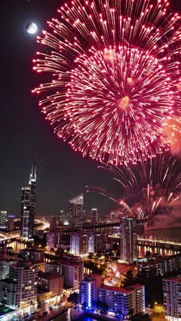 colorful fireworks exploding over the illuminated skyline of ho chi minh city by night, with full moon in the background, celebrating new year's eve or other special event