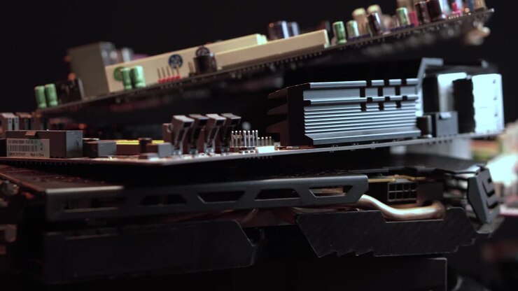 Vecchie schede madri e componenti di computer, rifiuti elettronici in primo piano.