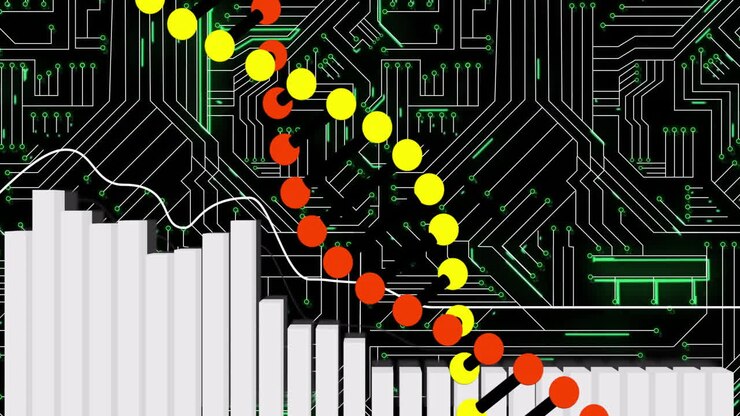 Animazione di personaggi di Pac-Man che si muovono su una scheda madre con elementi di grafico a barre