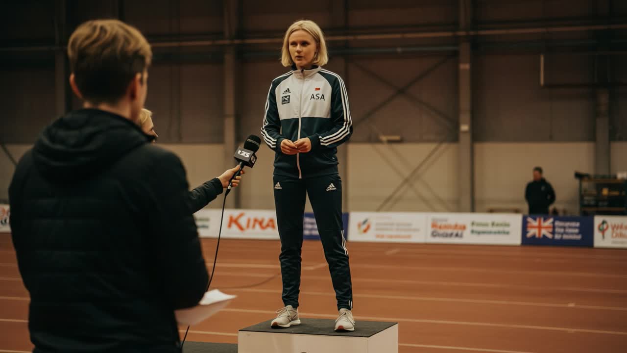 An athlete stands confidently on a podium during a press interview, showcasing sportsmanship and dedication while addressing a crowd of reporters in a vibrant indoor arena