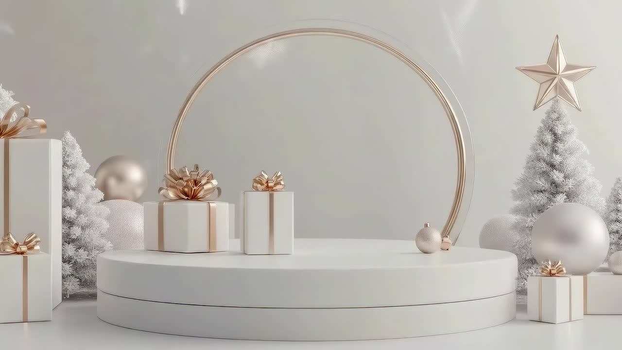 Elegant holiday scene with gifts and snowflakes, captured from a straight-on angle for video
