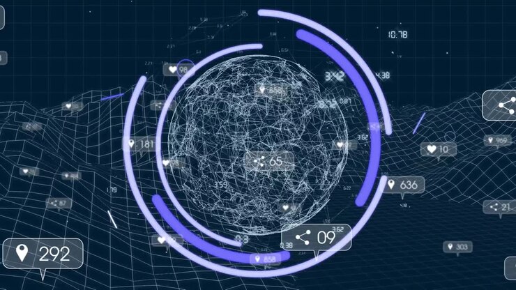 Animation of media icons and data processing over digital mountains
