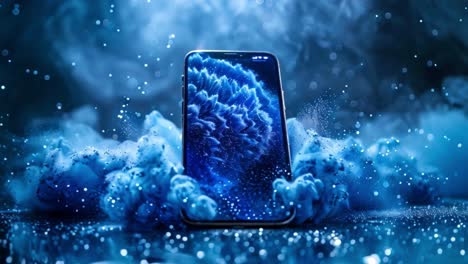 futuristic smartphone display in blue smoke and particles
