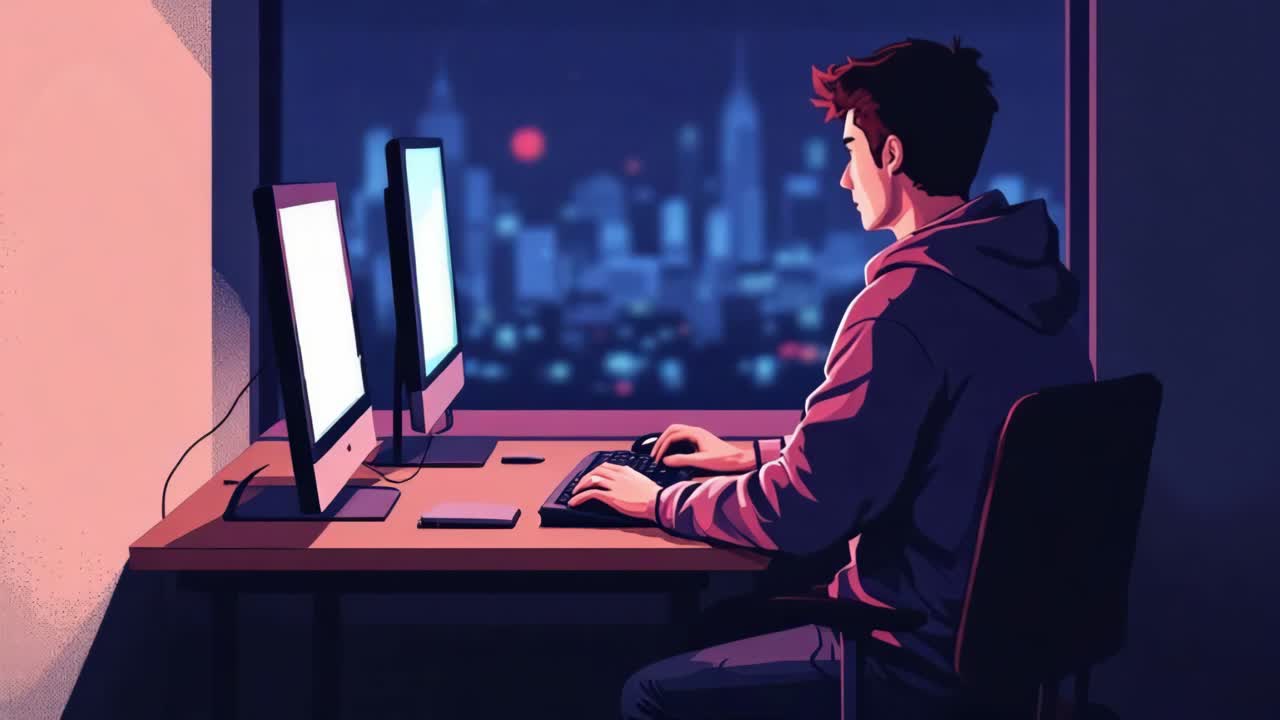 Young man in a hoodie engaged in focused work at dual monitors, illuminated by city lights, showcasing a dynamic scene of concentration and productivity in a modern workspace