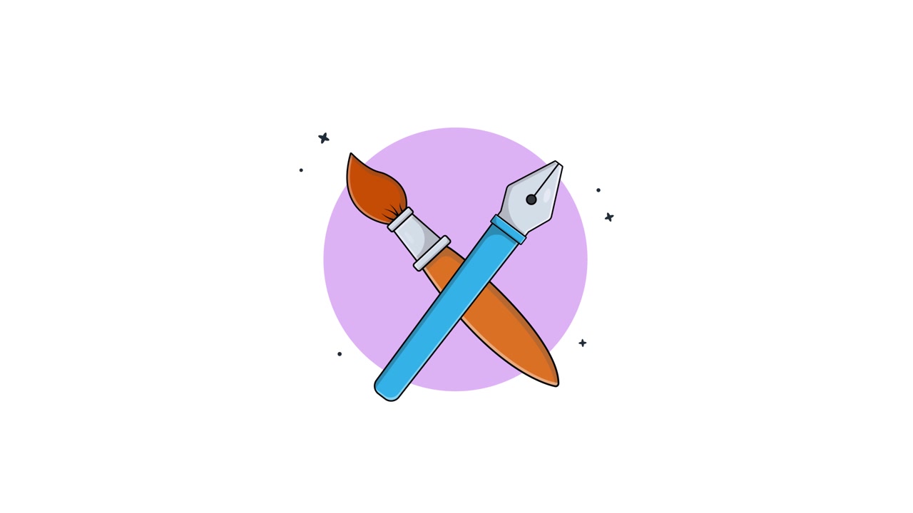 Animated Illustration of Paintbrush and Fountain Pen Crossing