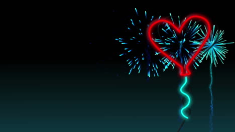 animación de un globo de corazón de neón rojo parpadeando con fuegos artificiales azules sobre fondo negro
