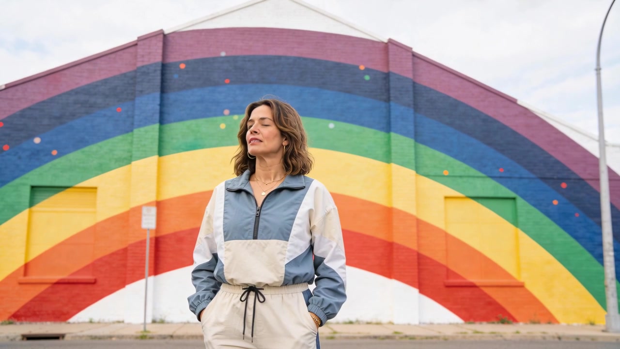Camera moving closer, woman wearing jacket shifting gaze and tilting head on street, rainbow mural