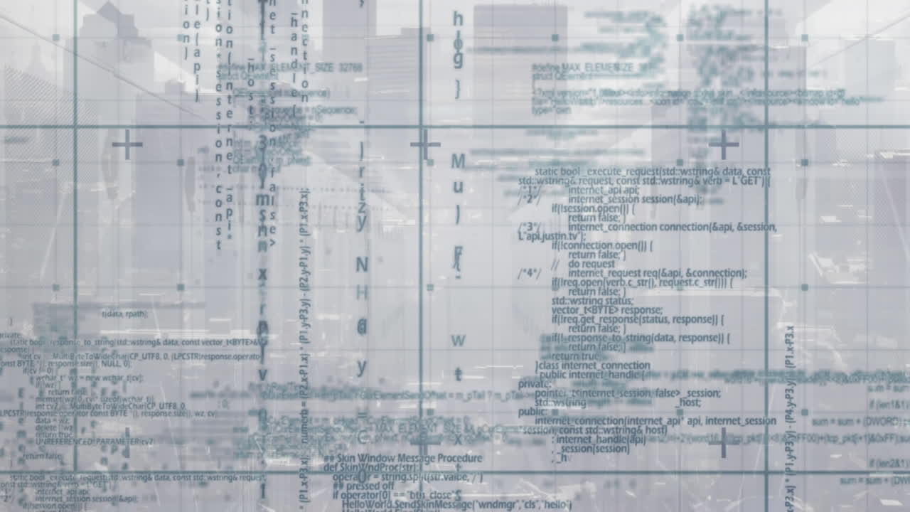 Animation of programming language over grid pattern against server room and city in background
