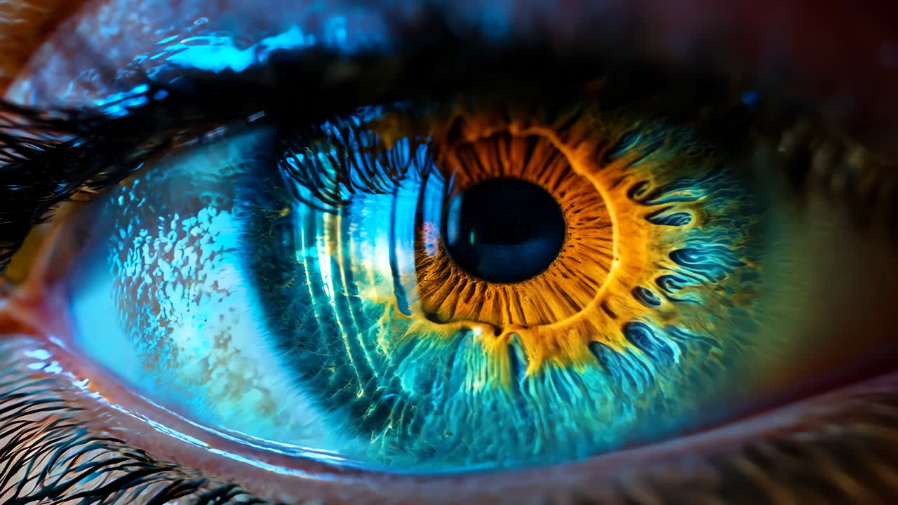 A close up of a person's eye with a blue iris and a yellow iris. The eye is surrounded by a blurry reflection of itself