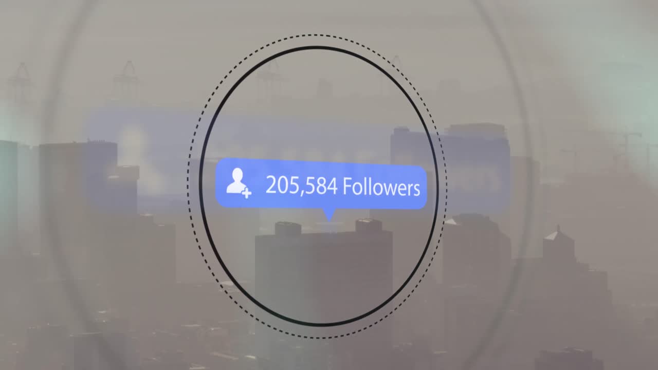 animación del icono de las redes sociales y procesamiento de datos sobre el paisaje urbano