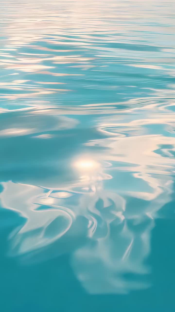 Vertical video: Gliding blue water surface catching sun and rippling from light breeze near pier
