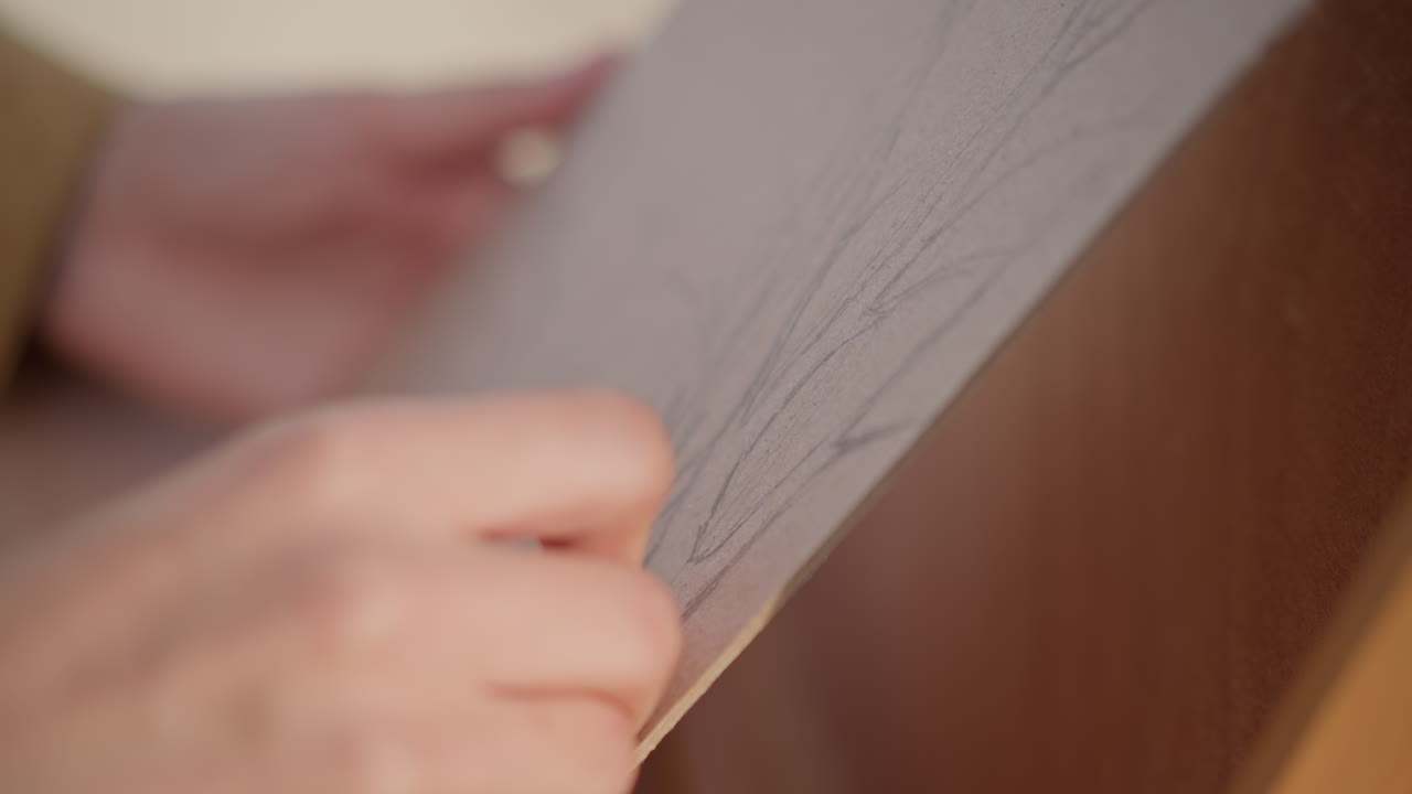 primo piano di mani che abbozzano il contorno di un murale su un pannello preparato con matita e grafite, dita che tracciano linee delicate di rami e una superficie ruvida, gesto concentrato che suggerisce una tranquilla concentrazione
