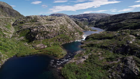 aerial shot, soaring over a series of small lakes and waterfalls in norway