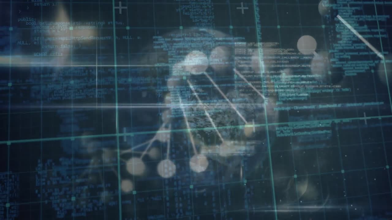Animace DNA řetězce nad zpracováním dat a glóbusem na černém pozadí