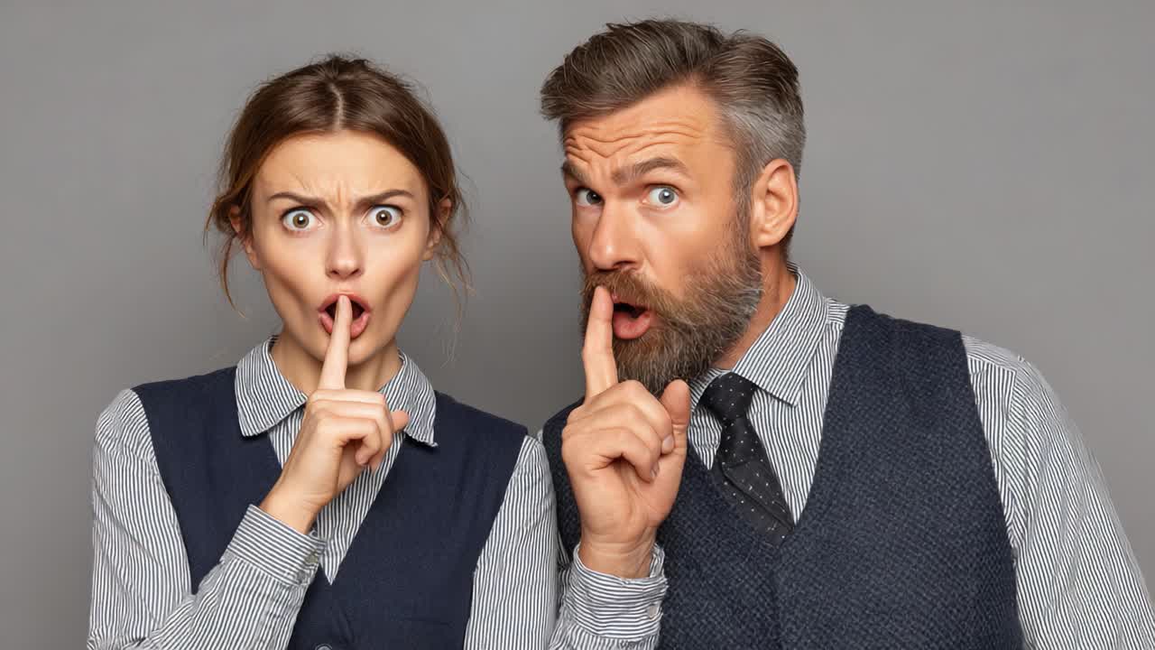 Uma reviravolta surpreendente: um homem e uma mulher expressando choque e curiosidade com suas expressões e gestos únicos em uma atmosfera divertida, porém misteriosa