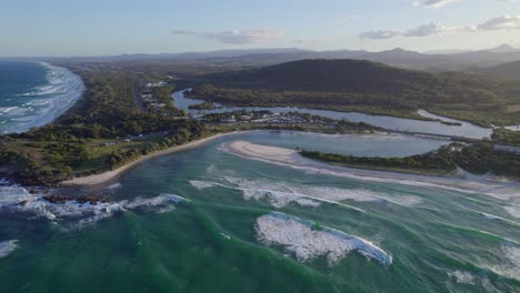 Hastings-Point-Beach-On-Sunset,-NSW,-Australia---aerial-drone-shot