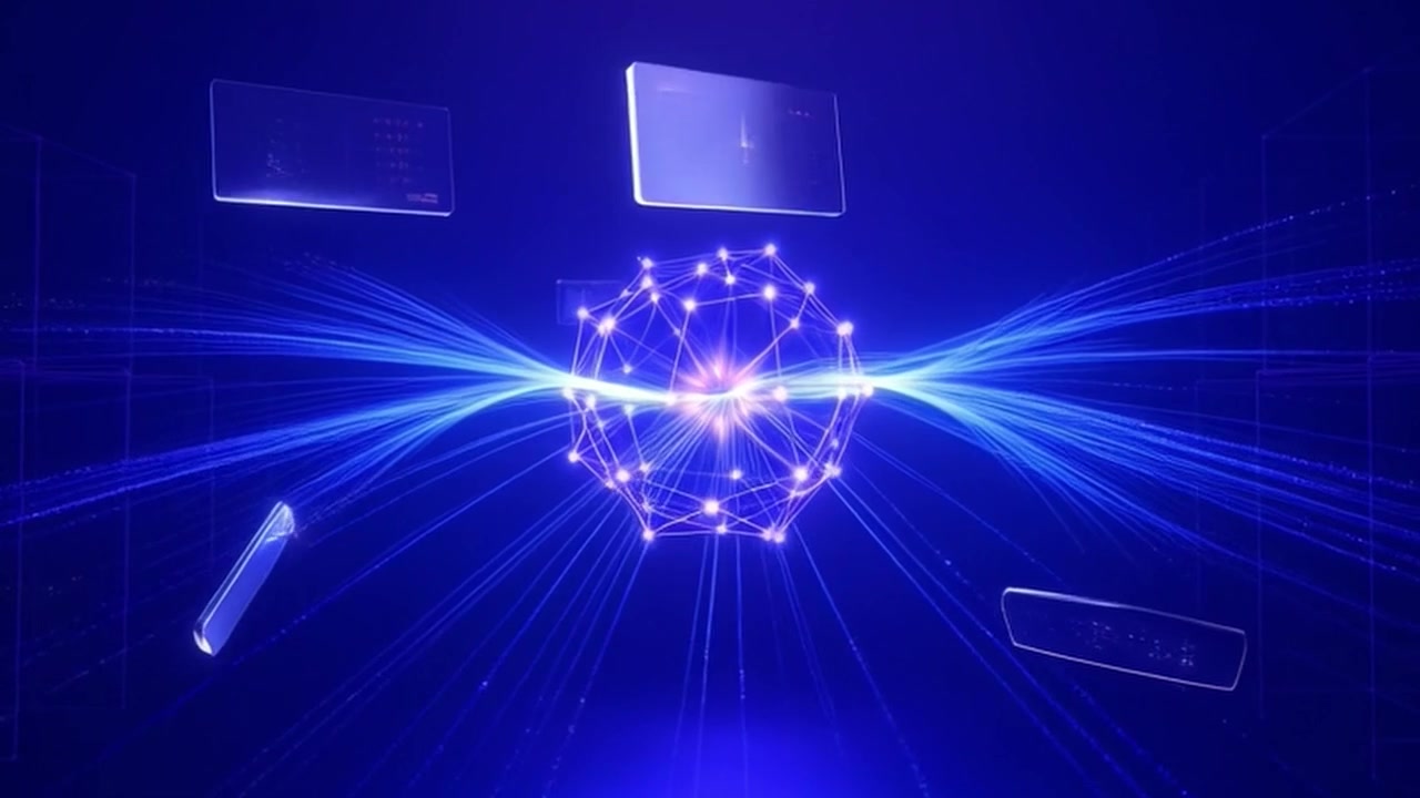 Abstract Digital Network Sphere with Glowing Data Streams and Floating Interfaces