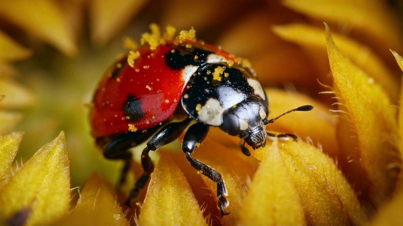 Joaninha vermelho-preta explorando flor amarela, antenas tocando florzinhas, coletando pólen.