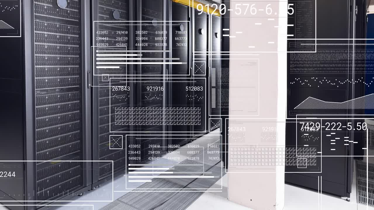 Animation of interface with data processing against computer server room