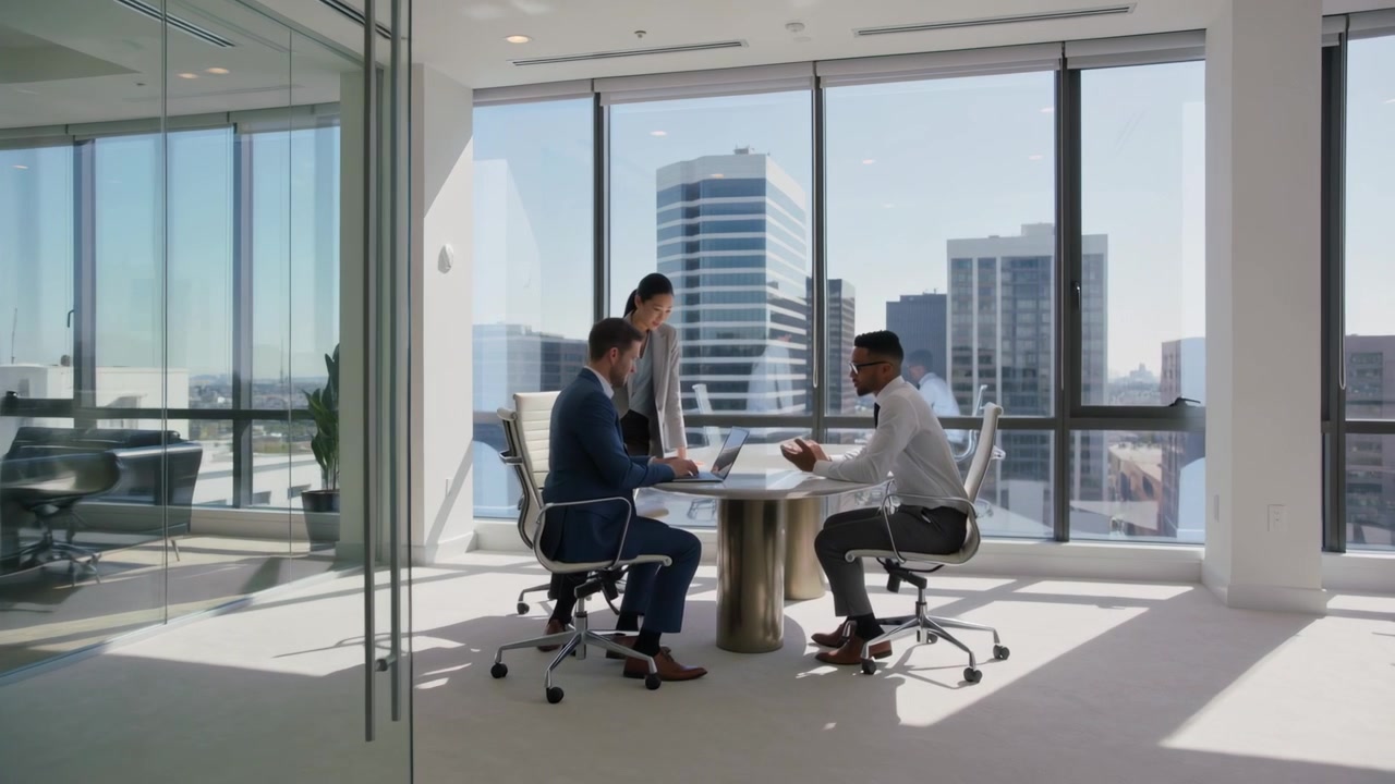 Starting meeting professionals in office attire reviewing laptop around round table, skyline